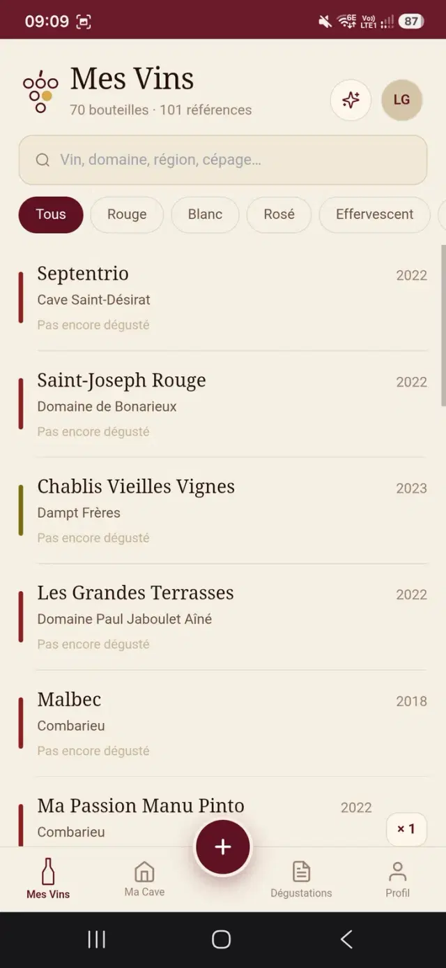 Cavinyard, écran Mes vins