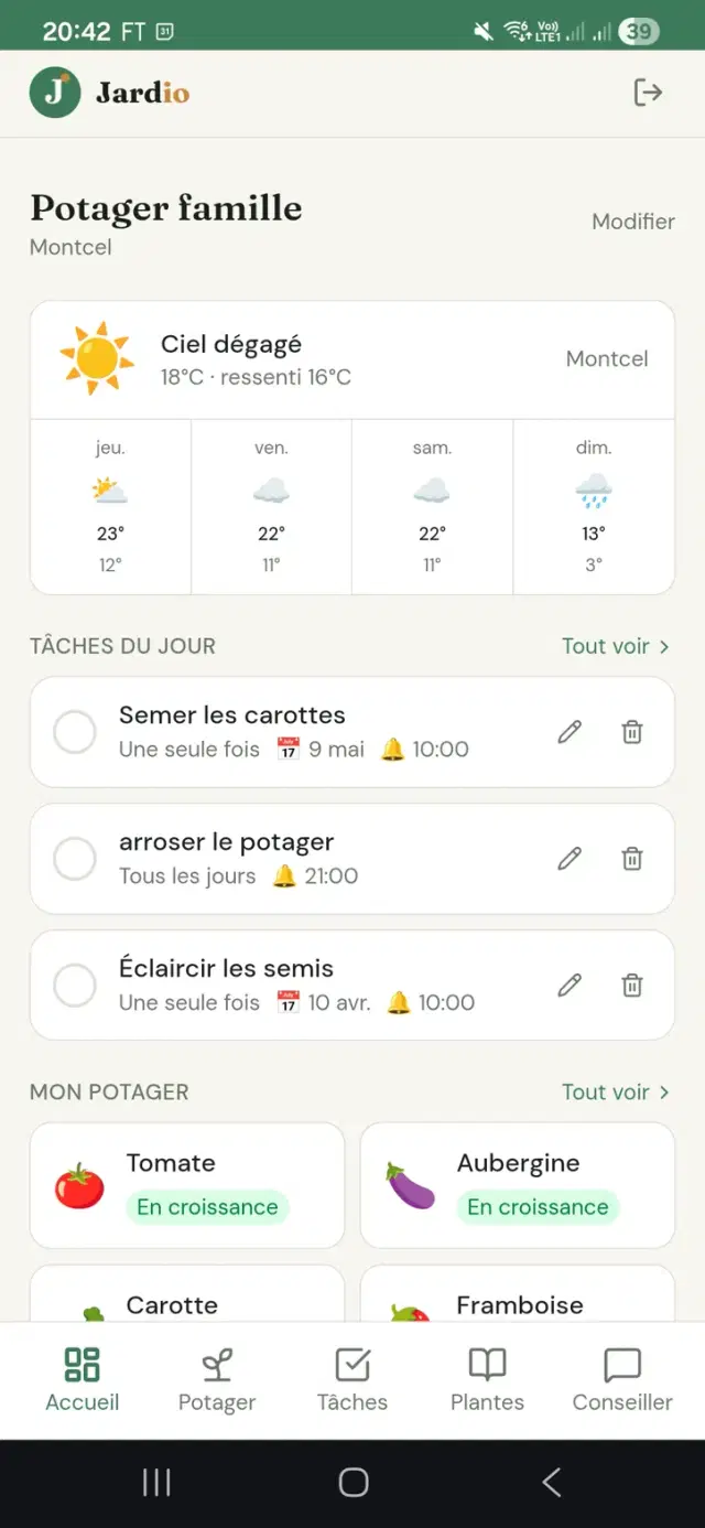 Jardio, écran d'accueil